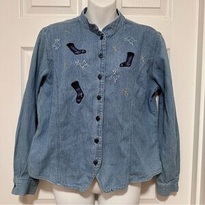 VTG Susan Bristol Women’s L Denim Shirt Blue Embroidered Stockings & Snowflakes